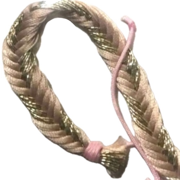 “Fishtail Braid” Pastel Pale Pink Thread & Gold Bugle Tube Bead Elegant Bracelet - Picture 5 of 6
